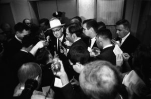 Journalists question Jack Ruby's first attorney, Tom Howard, following Ruby's arrest for the murder of Lee Harvey Oswald. Dallas Times Herald Collection/The Sixth Floor Museum at Dealey Plaza