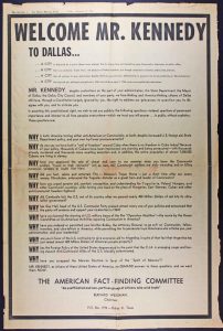 Anti-Kennedy full-page ad purchased by the American Fact-Finding Committee ran in the Dallas Morning News on November 22, 1963.