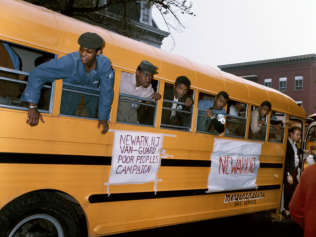 A caravan bus from Newark, New Jersey, arriving at Resurrection City, 1968.
Collection of the Smithsonian National Museum of African American History and Culture, Gift of Robert and Greta Houston, © Robert Houston