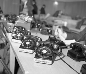 Some of the thirty telephones installed in the Ruby trial press room. The Dallas Morning News Collection/The Sixth Floor Museum at Dealey Plaza Donated by The Dallas Morning News in the interest of preserving history