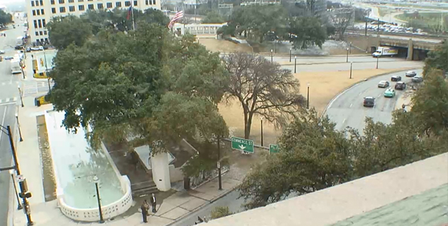 Dealey Plaza and the triple underpass are seen from the southern windows on the Museum's sixth floor.